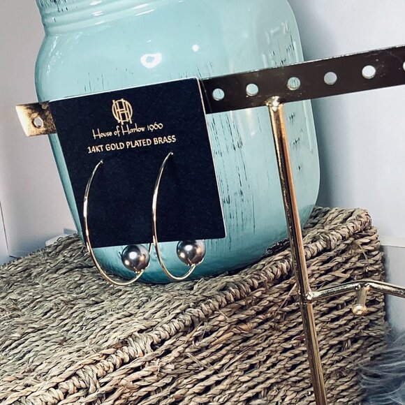 NEW House of Harlow 1960 14kt Gold Plated Brass Two Tone Demi Hoop Earrings - Picture 3 of 5